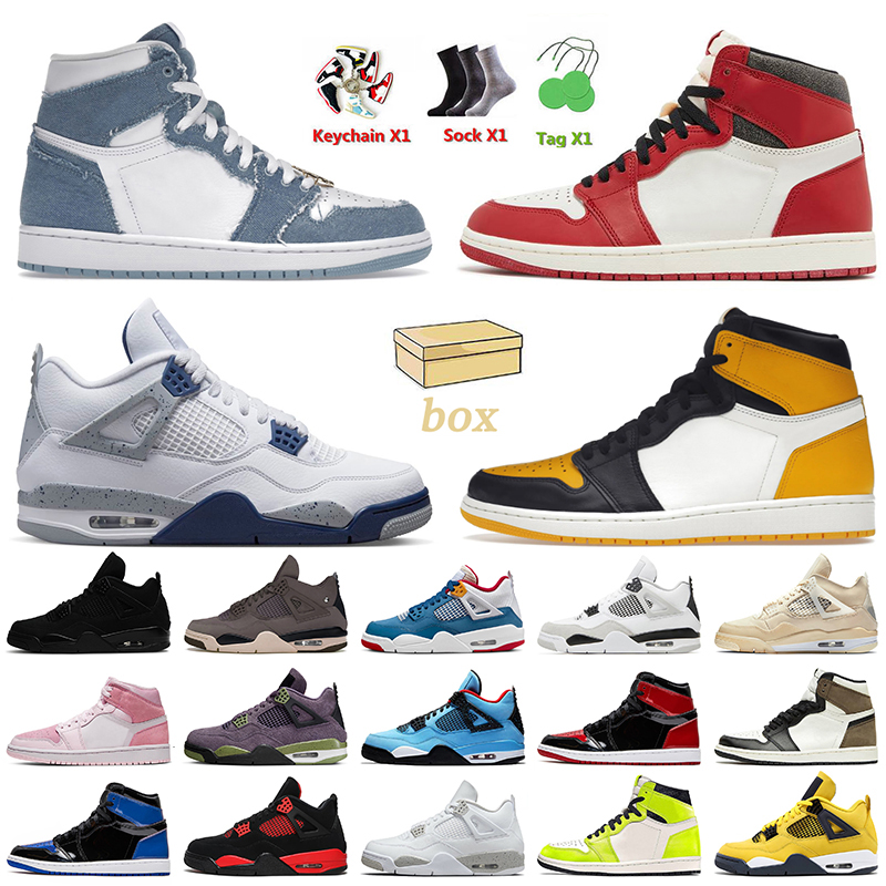 

Top Fashion Denim 1s Basketball Shoes Jumpman 1 4 High OG Lost Found Midnight Navy 4s Taxi Patent Bred Military Black Cat A Ma Maniere Red, B39 court purple 36-46