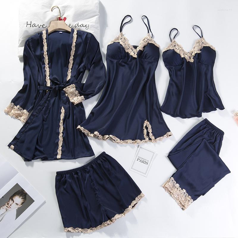 

Home Clothing 5 Pieces Pajamas Set Women Kimono Gown Satin Silk Sleepwear Casual Nightwear Intimate Lingerie With Lace Sexy Bathrobe Pyjamas