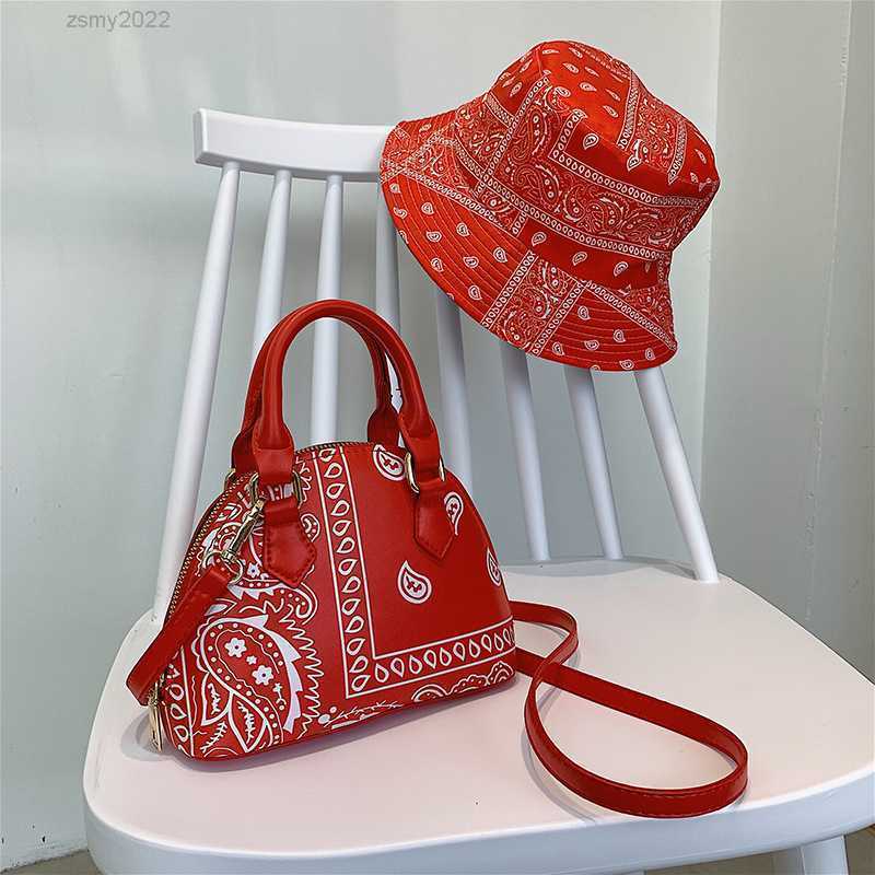 

New Fashion Bandana Crossbody 2021 Small Handbags for Women Ladies Cashew Flower Bucket Hats and Purse Set, Rose red purse