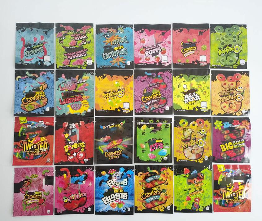 

12 Types 600mg Mylar Bags Edibles Gummies Packaging Brite Crawlers Smell Proof Resealable Zipper Pouch