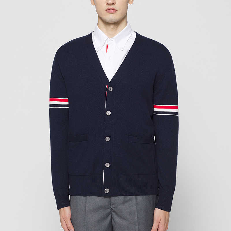

New Tb 2021 Thom Fashion Brand Sweaters Men Slim Fit V-neck Cardigans Clothing Striped Cashmere Wool Autumn Knitting Casual Coat, Blue