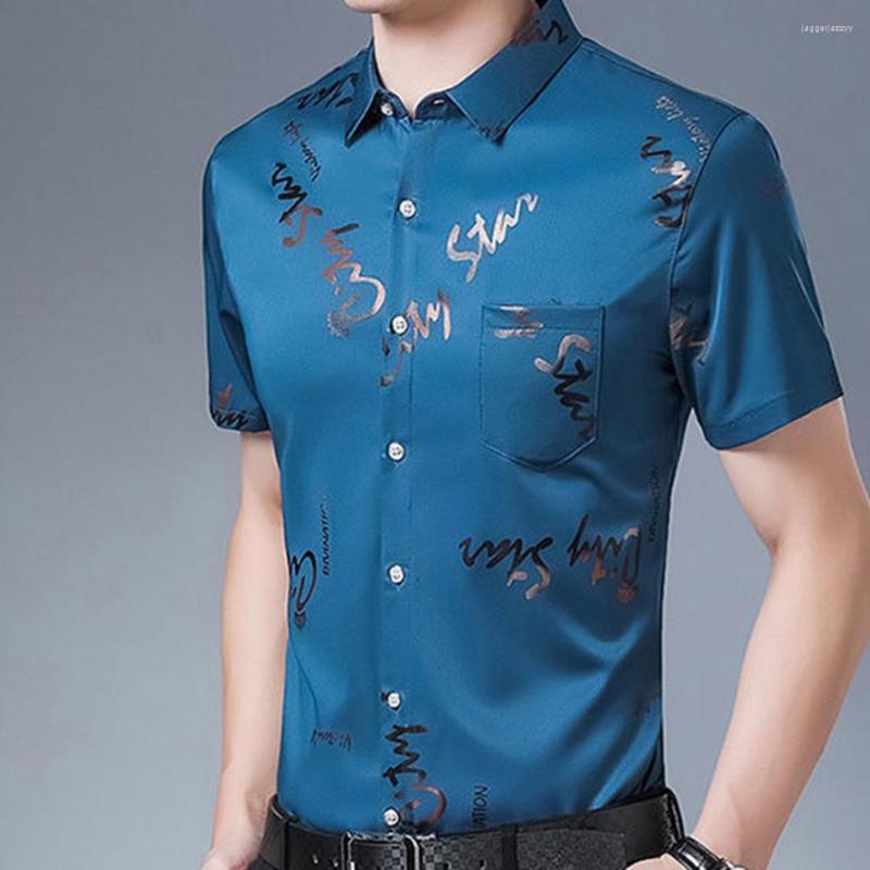 

Men's Dress Shirts Casual Letter Shirt Fashion Turndown Collar Slim Top Men Social Lapel Printed For Party, Lake blue