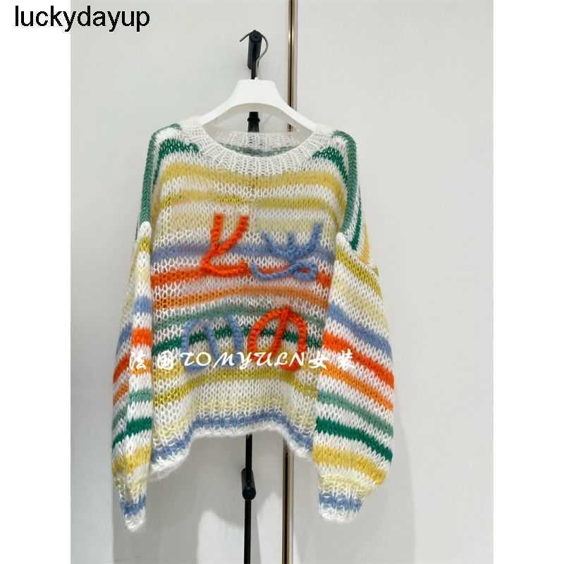 

new Women's designer Sweaters loewess Autumn Stripe Slouchy Hollow Loose Wool Sweater, Picture color