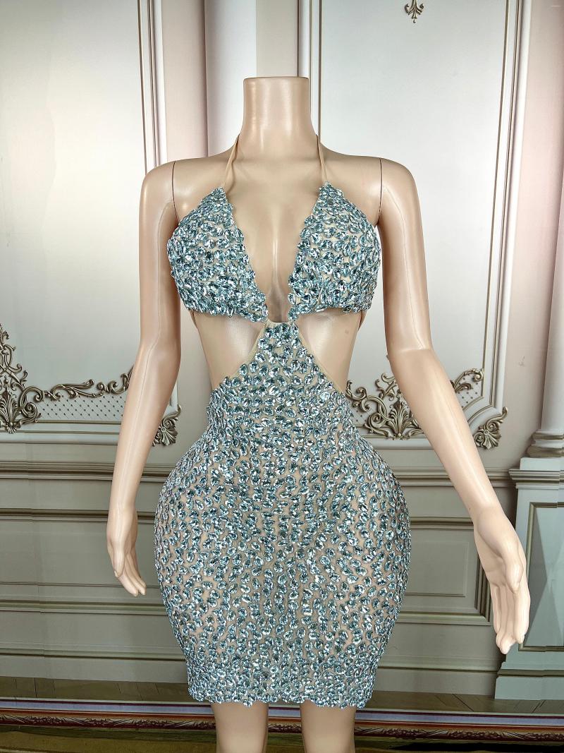 

Skirts Full Silver Big Rhinestones Bright Bra MINI Dress Birthday Celebrate Sexy Performance Outfit Female Singer Stage Wear Plus Size, Picture shown