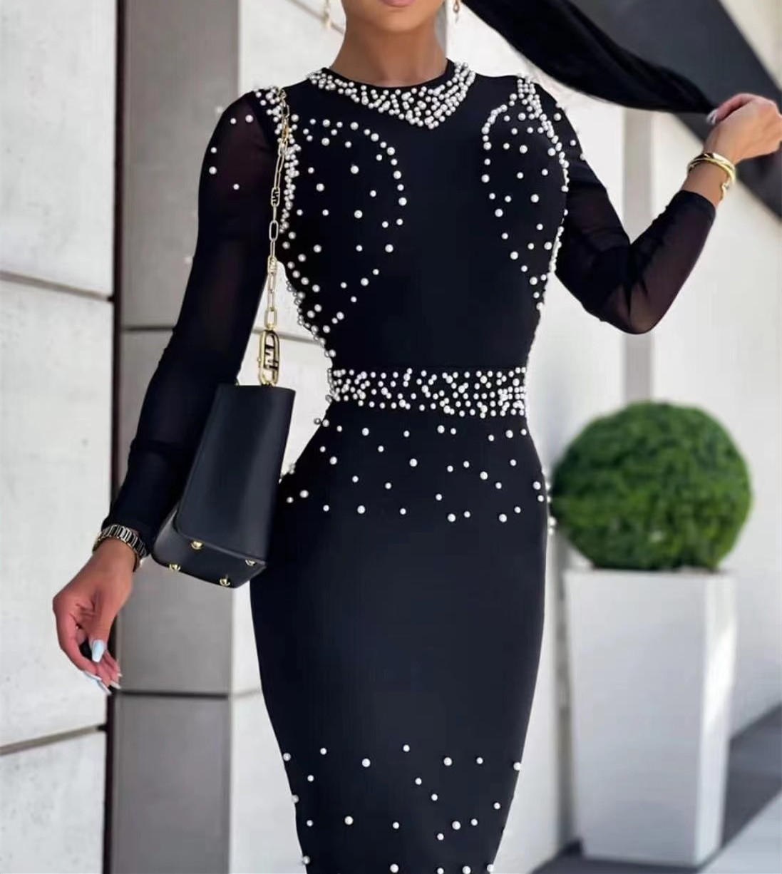 Perles femmes dame à manches longues une pièce robes sexy découpe dos créateur de mode fête grâce robe formelle 0821