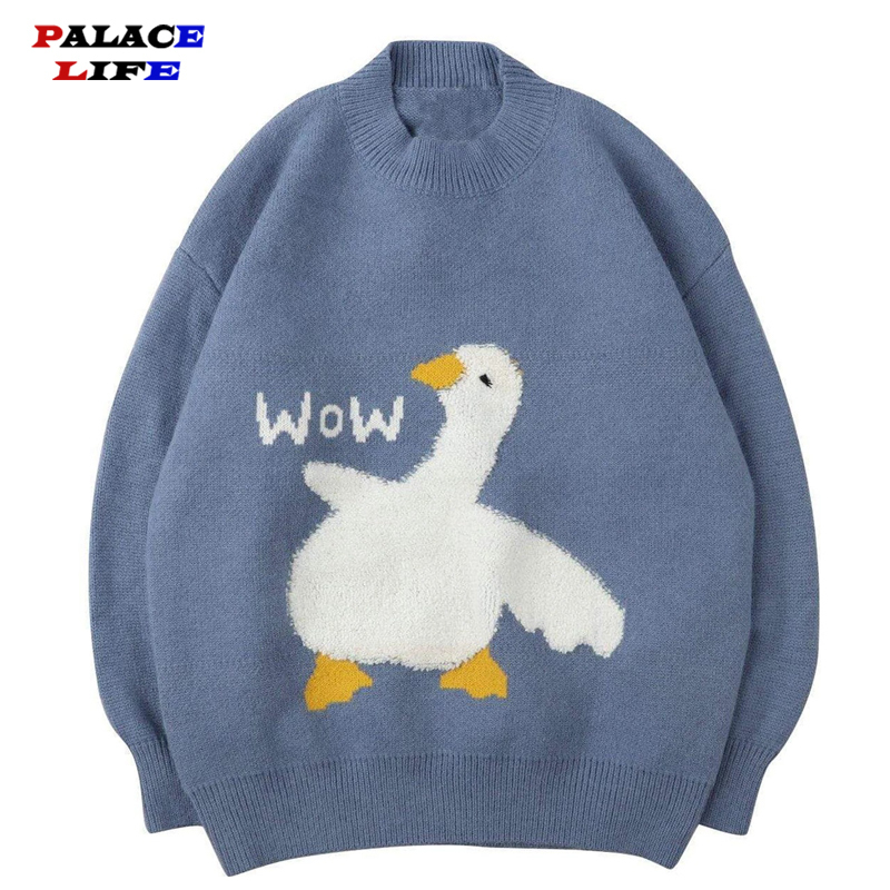 Men's Sweaters Hip Hop Harajuku Knitted Autumn Cartoon Duck Wow Print Oversize Streetwear Loose Pullover Clothing 220930