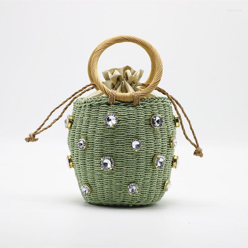 

Evening Bags Handmade Rhinestone Crystal Embellished Top-handle Bag 2022 Small Straw Rattan Bucket Lady Travel Purses And Handbags