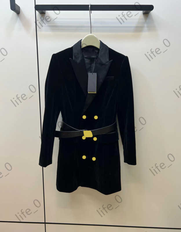 

Fashion Brand Women Dresses Double Button Lapel Suit Dresses Satin Stitching Velvet Fake Two Pieces Elegant Elegant Commuting Style Designer Dress 1970, 11