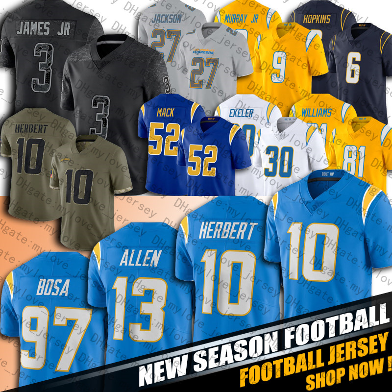 

10 Justin Herbert Jersey Football Austin Ekeler Mike Williams Derwin James Jr Khalil Mack Jerseys Los Angeles Chargers Josh Palmer Joey Bosa Asante Samuel Tranquill, Man custom jersey (sd)