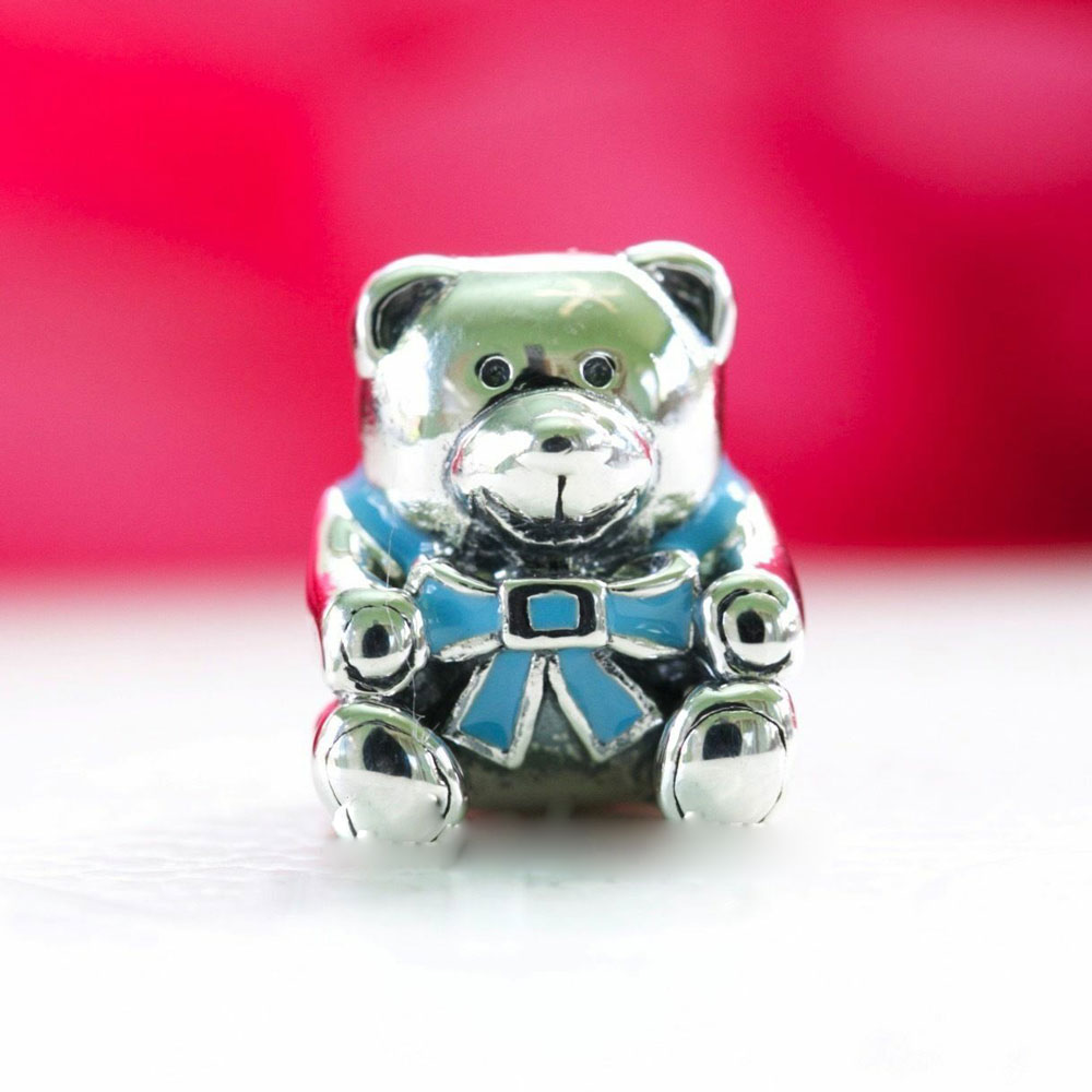 

100% 925 Sterling Silver It's a Teddy Bear Bead with Pink Ribbon Fits European Jewelry Pandora Chamilia Charm Bracelets