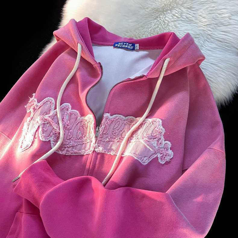 

Hoodies Y2K patchwork alphabet Style Loose Skeleton Zip Up Hoodie Goth Grunge Long-Sleeve Hooded Jacket Retro pink Oversized Sweatshirt Y2209, Color 01