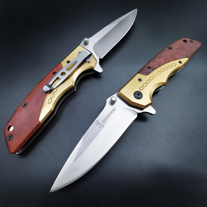 

Top quality OEM Browning DA77 Fast-opening Tactical folding knife Satin Blade Steel wood handle camping knives wtih retail paper