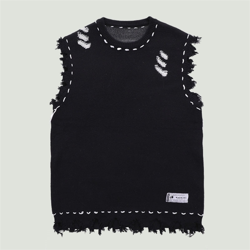 Men's Sweaters Distressed Knitted Sweater Vest Streetwear Vintage Harajuku Hole Fringed Sleeveless Vests Oversized Casual Pullover Unisex 22093