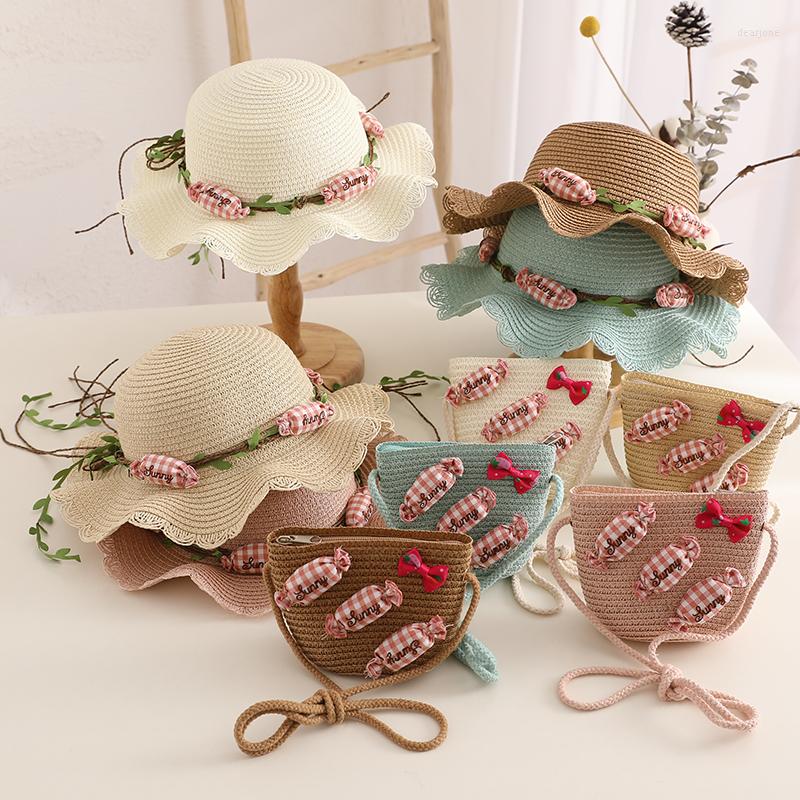 

Hats Summer Hat Baby Cute Candy Breathable Straw Handbag Set Kids Boy Girls Sun Visor UV Protection Panama Beach Gorras, Khaki bag