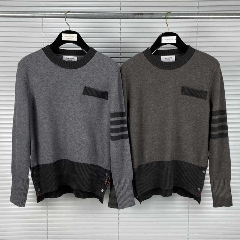 

New 2022 Fashion Tb Thom Brand Sweaters Men Slim Fit O-neck Pullovers Clothing Patchwork Wool Striped Autumn Winter Casual Coat, Gray