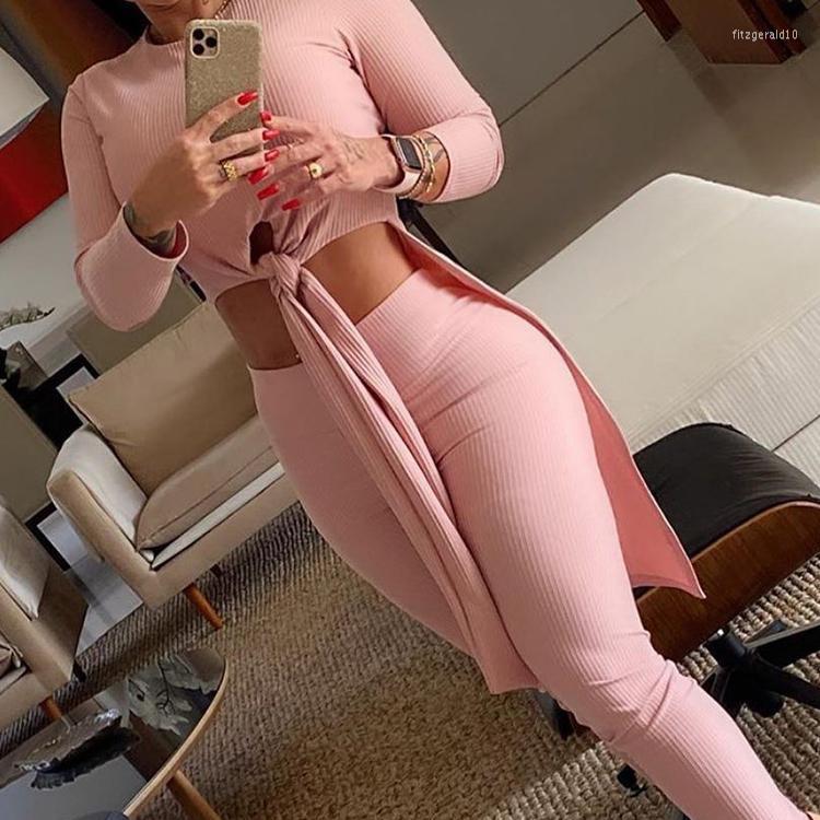 Pantalon deux pièces femme 2022 automne hiver décontracté couleur unie col rond manches longues fente hauts mode taille haute pantalon Sexy 2 ten