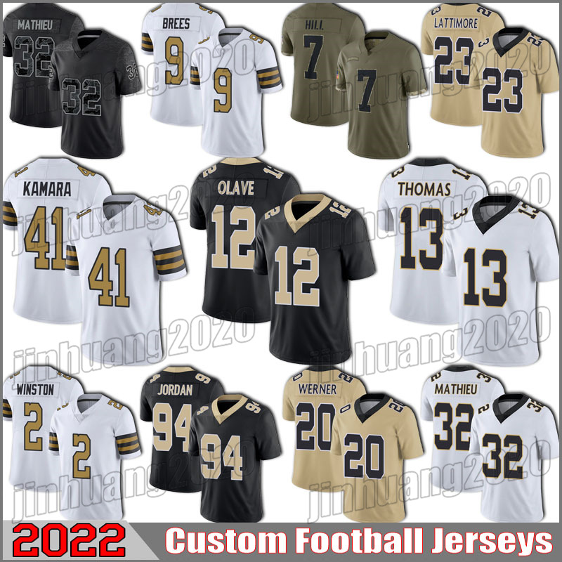 

41 Alvin Kamara Tyrann Mathieu Jersey Football New Orleans Saints Michael Thomas Marshon Lattimore Chris Olave Jerseys Taysom Hill Drew Brees Jarvis Landry Werner, +patch man custom jersey (st)