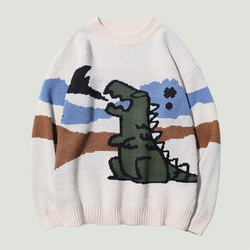Men's Sweaters Hip Hop Cartoon Dinosaur Printed Sweater Pullover Mens Harajuku Korean Style Round Neck Loose Casual Knitted Pull Male 220930