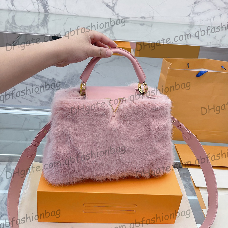 

22F/W Womens Designer Mink Fur Capcines Bags Top Handle Totes Adjustable Shoulder Strap Cross Body Multi Pochette Large Capacity Handbags 28x17CM, Box