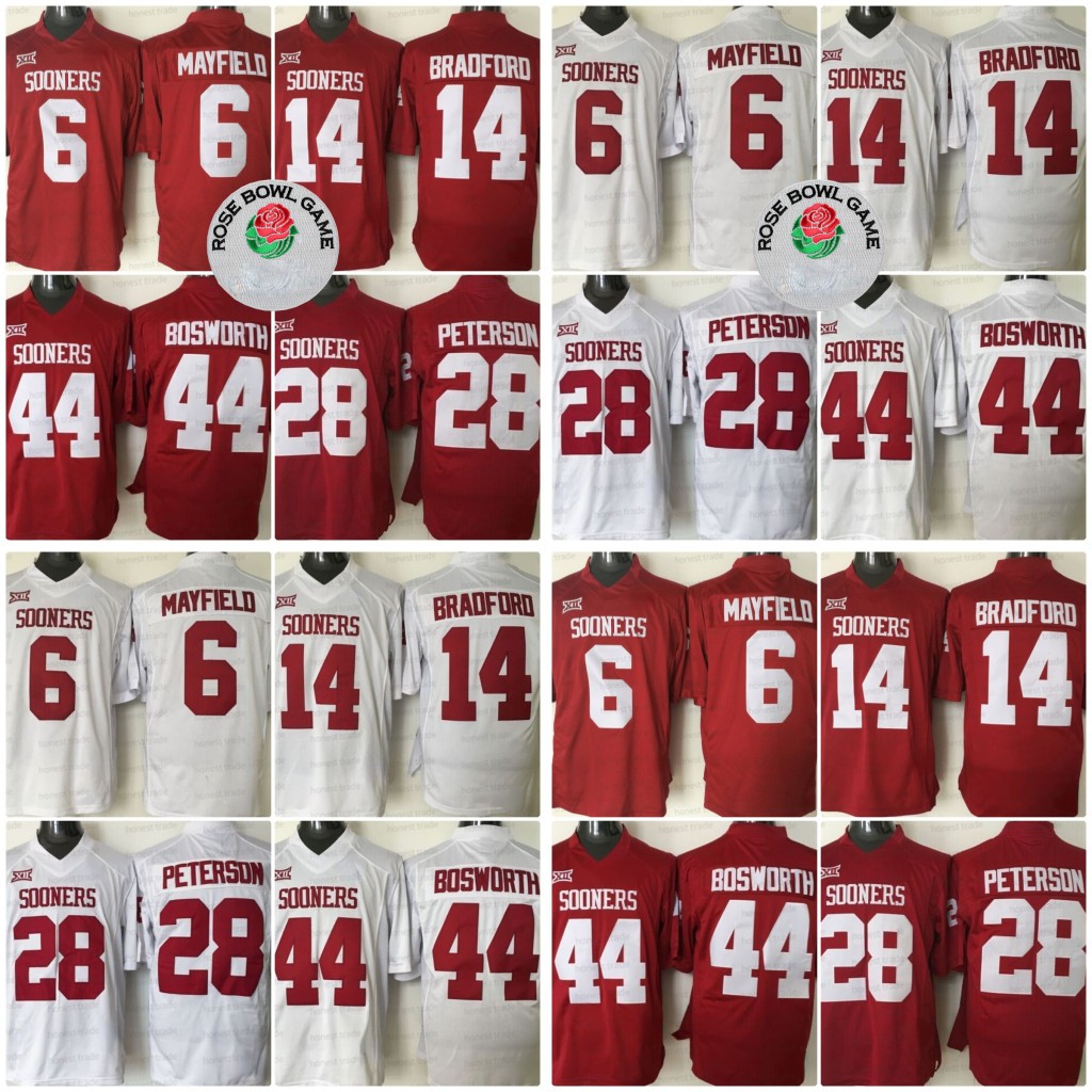 

NCAA 6 Baker Mayfield Football Jersey 28 Adrian Peterson 14 Sam Bradford 44 Brian Bosworth Oklahoma Sooners College Men Jerseys, Men white jersey