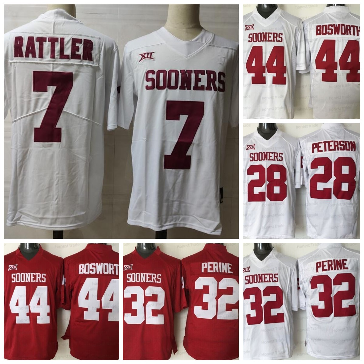 

American College Football Wear NCAA Oklahoma Sooners 28 Adrian Peterson Football Jersey 7 Spencer Rattler 32 Samaje Perine 44 Brian Bosworth White Red Maroon Colleg, 28 adrian peterson red jersey