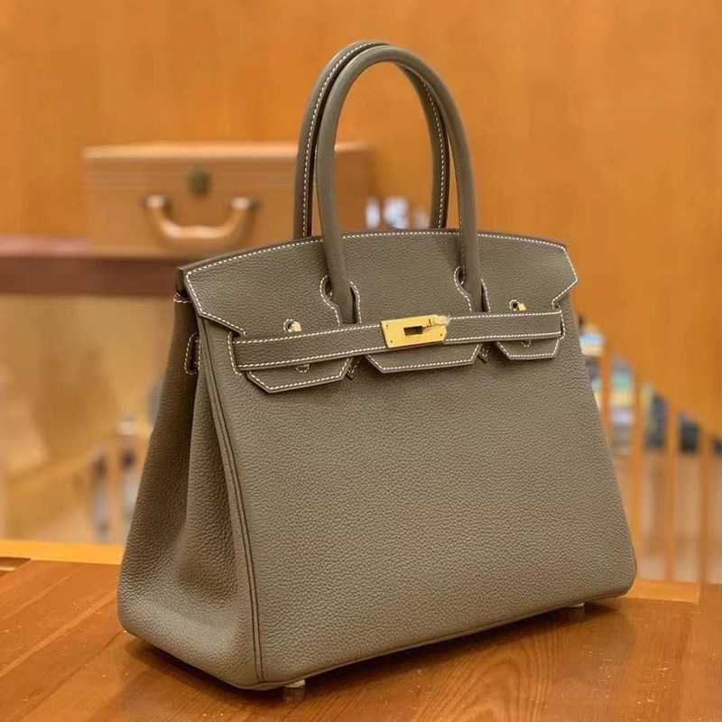 

Designer Handbag Herme Birkins Pure Sewn Brand Women's Bag Luxury Original Togo Leather Handbag 30 Bags of Elephant Grey, Elephant grey gold clasp