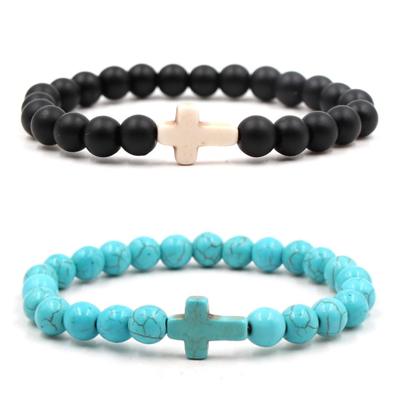 

8mm Black Matte Turquoise Beads Bracelet Bangles Cross Charm Blue Beaded Men Bracelets for Women Yoga Jewelry