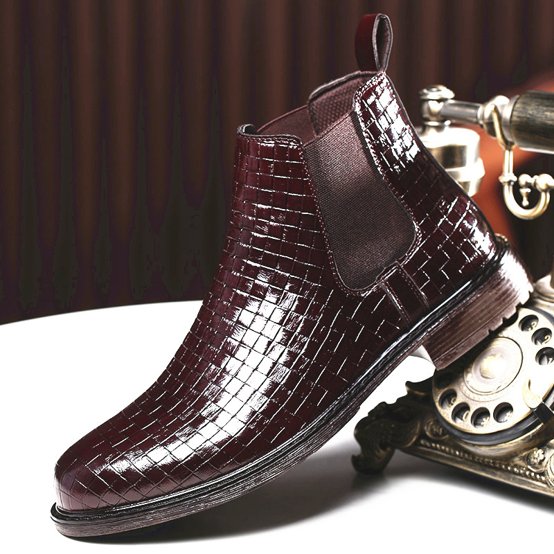 British Chelsea Boots Men Shoes Fashion Casual Classic Solid Color PU Plaid Weave Pattern One Pedal Street Outdoor Daily AD336