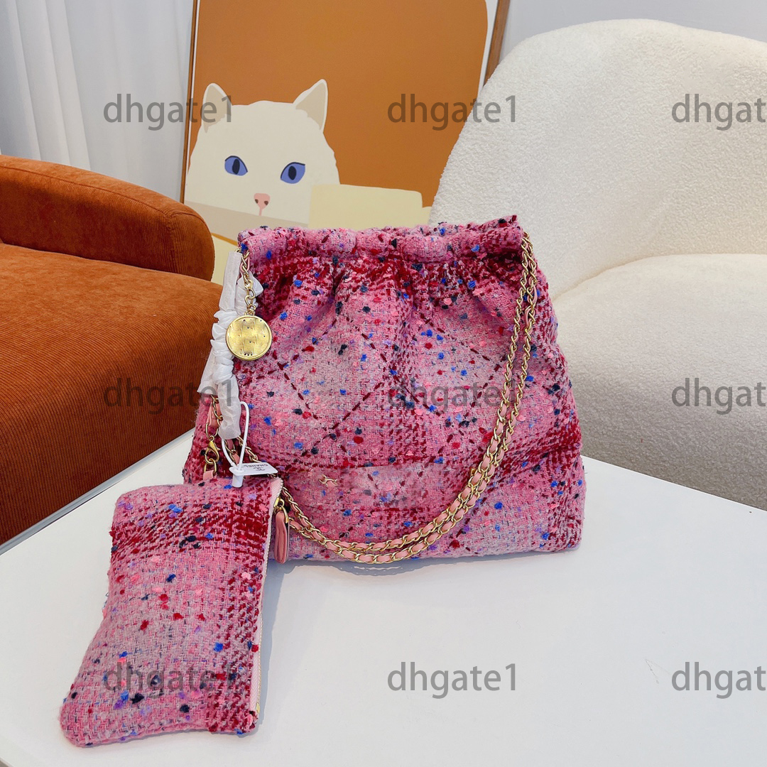 

Women Fashion Designer Luxurys Tweeds Tote Bag Patchwork Original Hardware Commuter bags Chain Atmosphere Stylish Shopping Swagger Languor Coin Purse Handbag, Pink