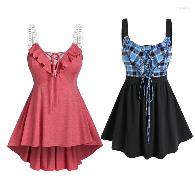 

Women's Tanks Women's & Camis Women's Casual Tank Top Lace Up Plaid Panel Floral Printed Red Ruffled High Low Tops Summer