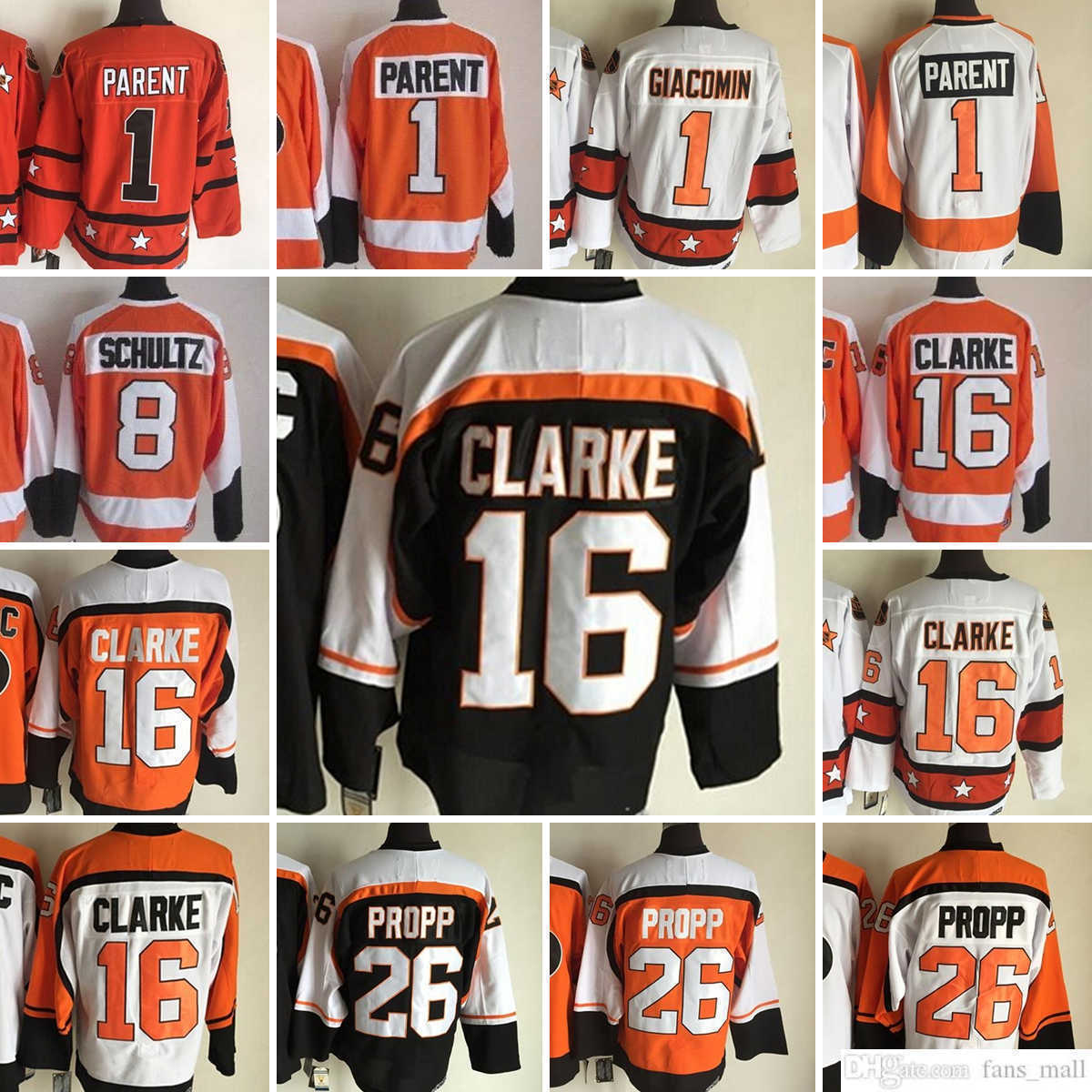 

Movie CCM Vintage Ice Hockey 1 Bernie Parent Jerseys 8 Dave Schultz 16 Bobby Clarke 26 Brian Propp Men Embroidery Jersey White Oraneg Black, Separatejerseys. tell me on order