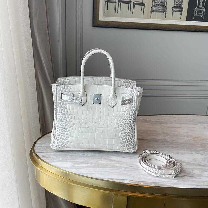 

Designers Handbags Birkin Designer Bags High End Diamond Buckle Himalayan White Crocodile Pattern Silver Leather Handbag Fashion Women's Ayw RJGF, 30cm himalayan white diamond buckle