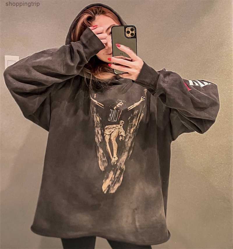 

Men' Hoodies Sweatshirts Meichao Saint Michael Co Branded Large v Character Portrait Washed and Damaged Bottom Dress, Wash water black