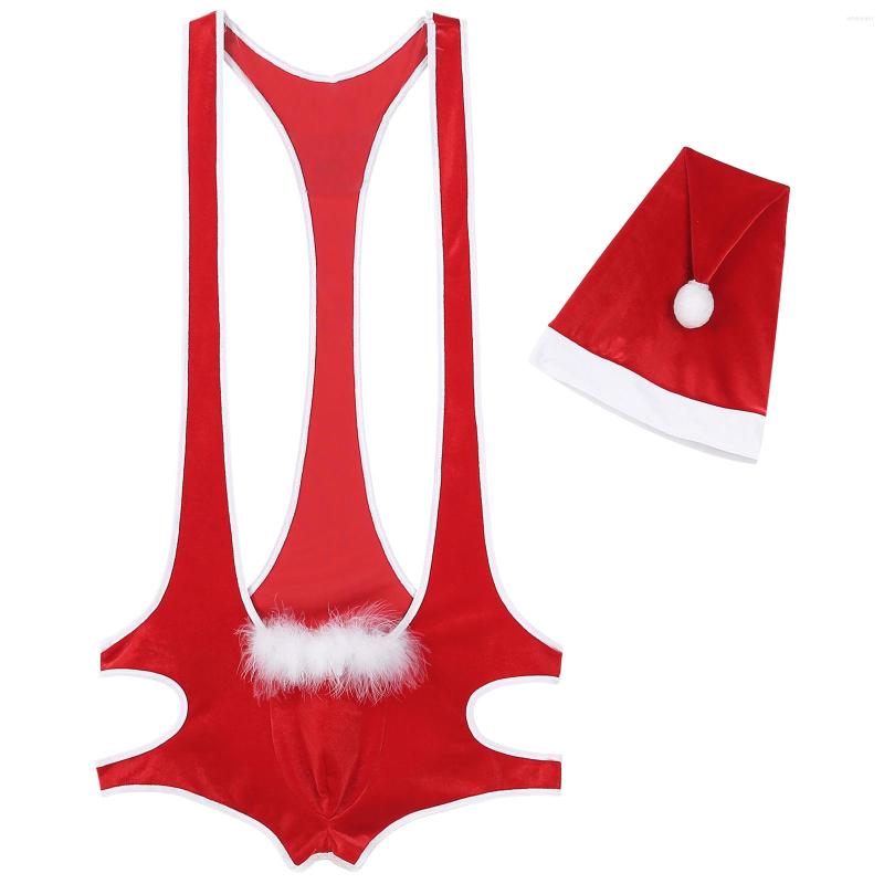 

Men's G Strings Mens Feather Trimming Bulge Pouch Open BuJumpsuit With Hat Lingerie Sexy Cosplay Christmas Singlet Cutout Velvet Bodysuit, Red