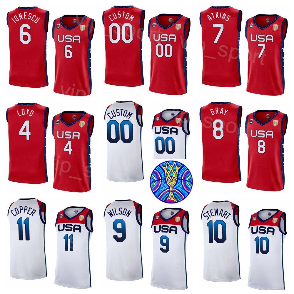 

Printed Women United States Basketball Jersey 2022 FIBA Women US World Cup 14 Betnijah Laney 12 Alyssa Thomas 4 Jewell Loyd 9 Aja Wilson 6 Sabrina Ionescu Red White, Women with patch
