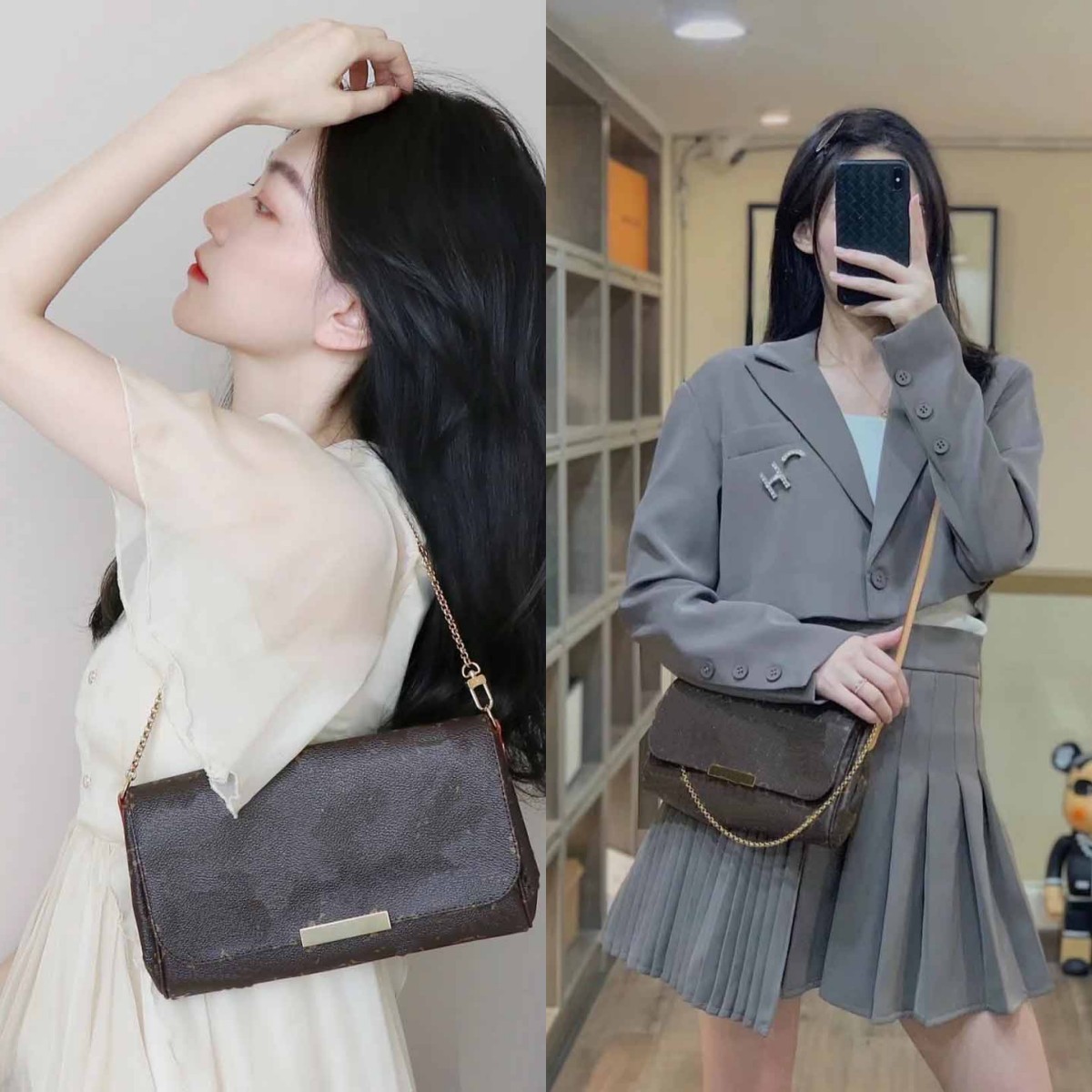 

WM Favorite Chain Baguette Bag Hand in hand handbag Magnet buckle SLOCK Clutch Cross body Shoulder Wallet FELICIA Tote Embossed Monograms Pouch Plaid Purse M40718