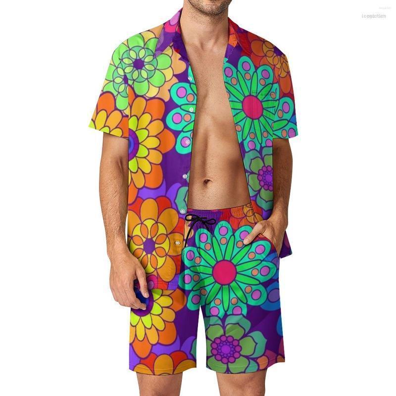 

Men's Tracksuits Men's Retro Hippy Flowers Men Sets Flower Power Print Casual Shorts Beach Shirt Set Summer Aesthetic Suit Short Sleeve, Style-15