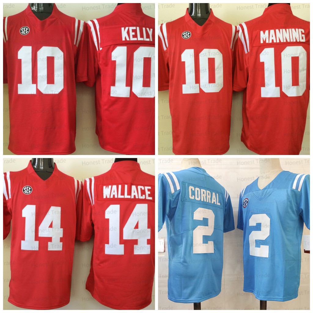 

NCAA Football Ole Miss Rebels Jersey Eli 10 Manning 2 Corral 14 DK Metcalf Bo Wallace Chad Kelly College Red University Jerseys 150TH Patch, Men;as