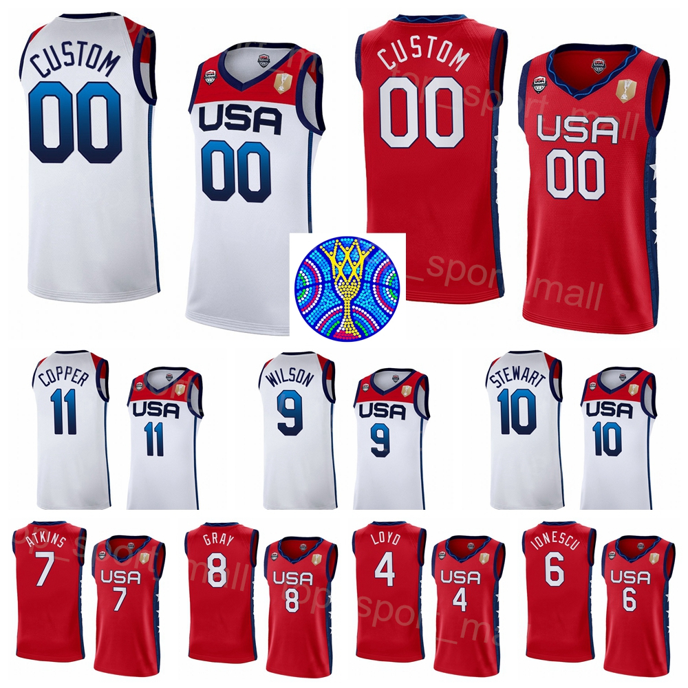 

Printed 2022 FIBA Women American Basketball Jersey World Cup US 15 Brionna Jones 14 Betnijah Laney 13 Shakira Austin 12 Alyssa Thomas 11 Kahleah Copper 4 Jewell Loyd, Red