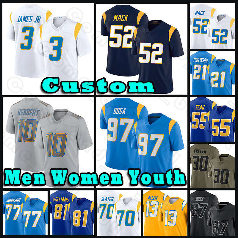 

10 Justin Herbert Football Derwin James Jr Jerseys Joey Bosa Keenan Allen Khalil Mack Austin Ekeler J.C. Jackson Los Angeleses Chargers Mike Williams Isaiah Spiller, Custom men (s d)