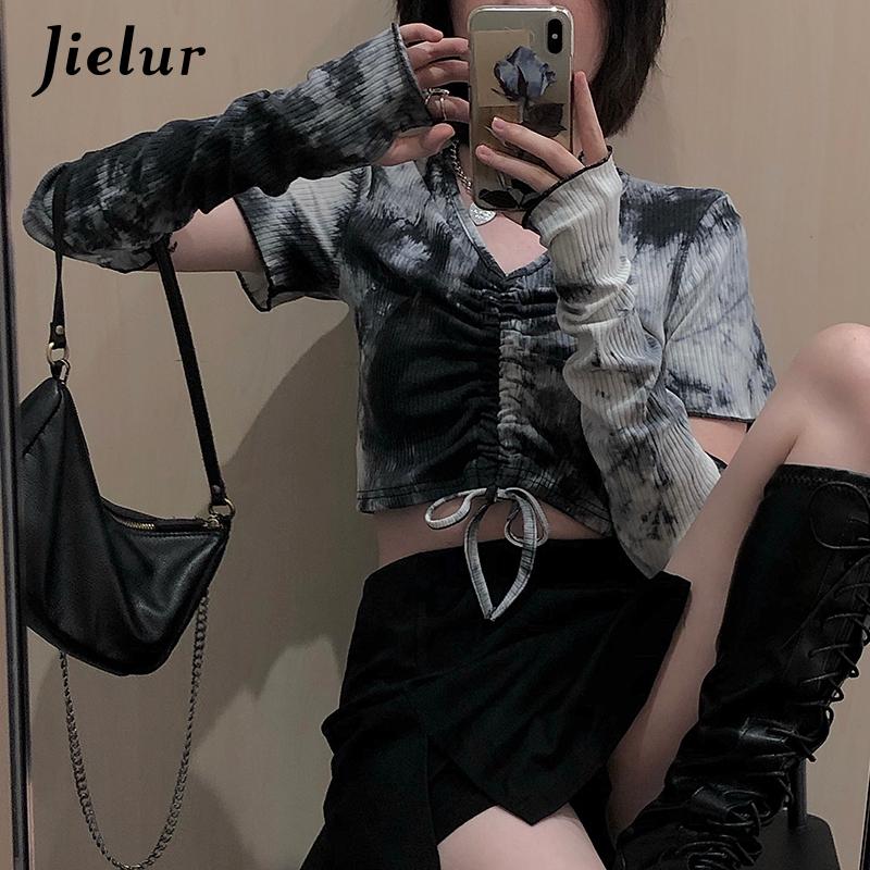 

Women's T-Shirt Patchwork Female Crop Top Tie-Dye V-neck Chic Teens Tees For Girls Long Sleeve Womens Harajuku Street Style TopsWomen's Wome, Gray