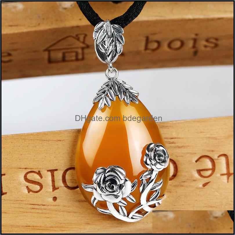 

Pendant Necklaces Pendants Jewelry Fashion-Ure Sier Retro Yellow Green Chalcedony Drops Rose Pendant Garnet Pendant. Dhnck
