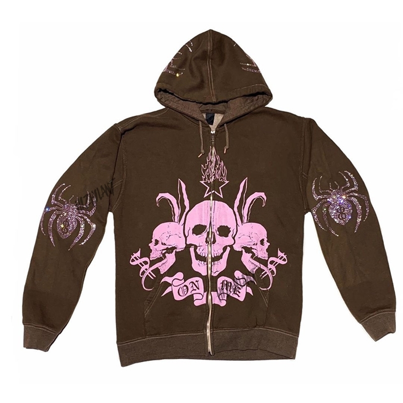 

Spider Skull print Streetwear Hoodies Women Coat Goth Harajuku Y2k aesthetic Clothes grunge Punk Jacket Zipup 220811, Dark brown