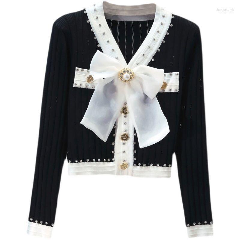 

Women' Jackets Early 2022 Autumn Long Sleeve V-neck Heavy Industry Nail Drill Bow Ice Silk Knitted Jacket Female, Black