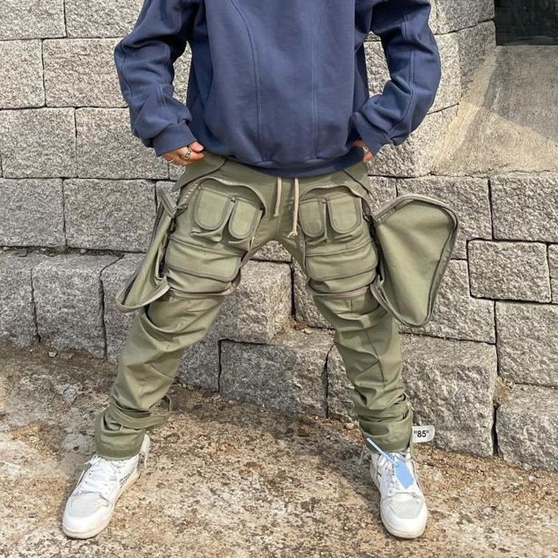 

Men's Pants High Street Multi-pocket Zipper Tactical Cannonball Function Overalls Men's Straight Harjuku Loose Drawstring OversizedMen's, Black