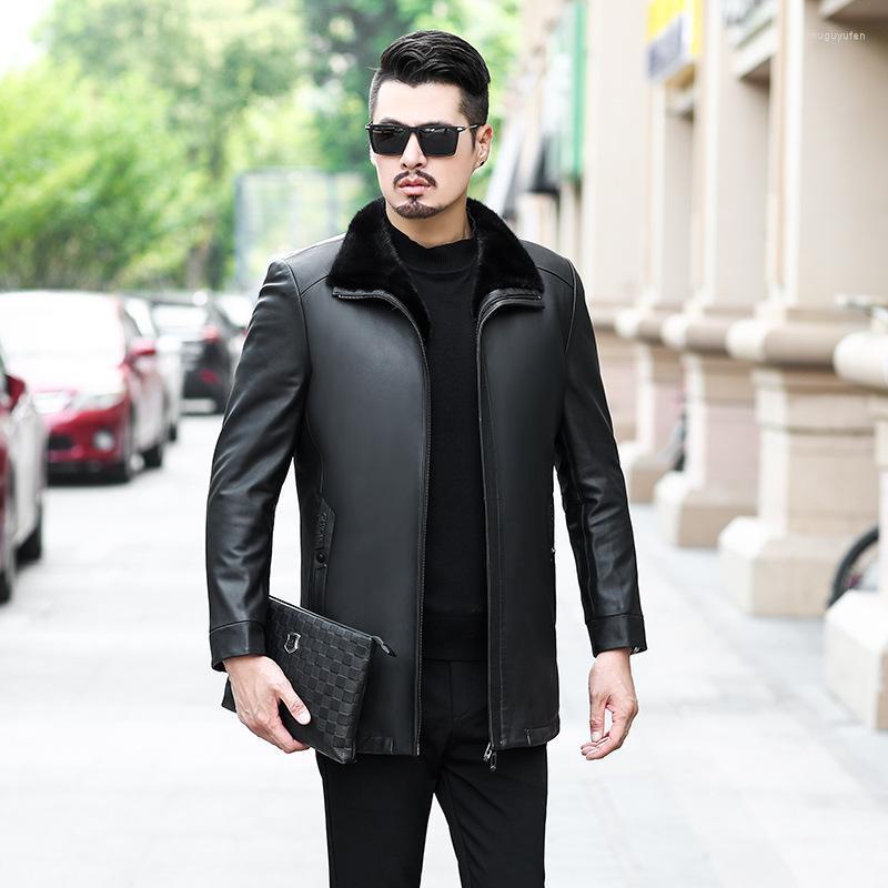 

Men's Leather & Faux 2022 Winter Down Long Leisure Middle-aged Men In Jacket Sheepskin Coat, Black
