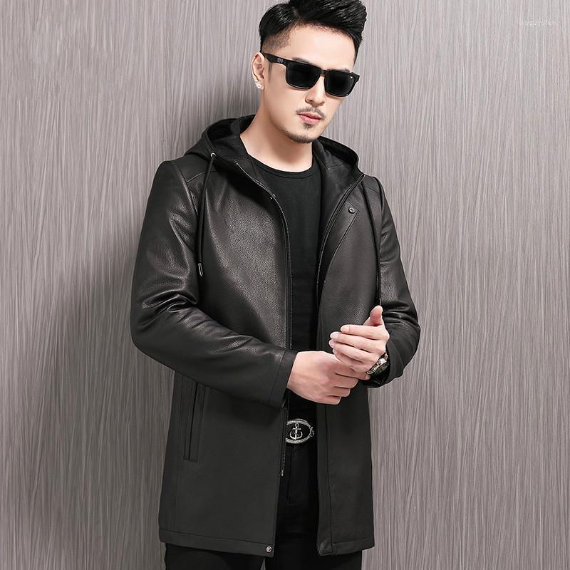 

Men's Leather & Faux Genuine Clothes Mens Hooded Slim-Fit Trench Coat Long Deer Pattern Sheepskin Casual Jacket, Black