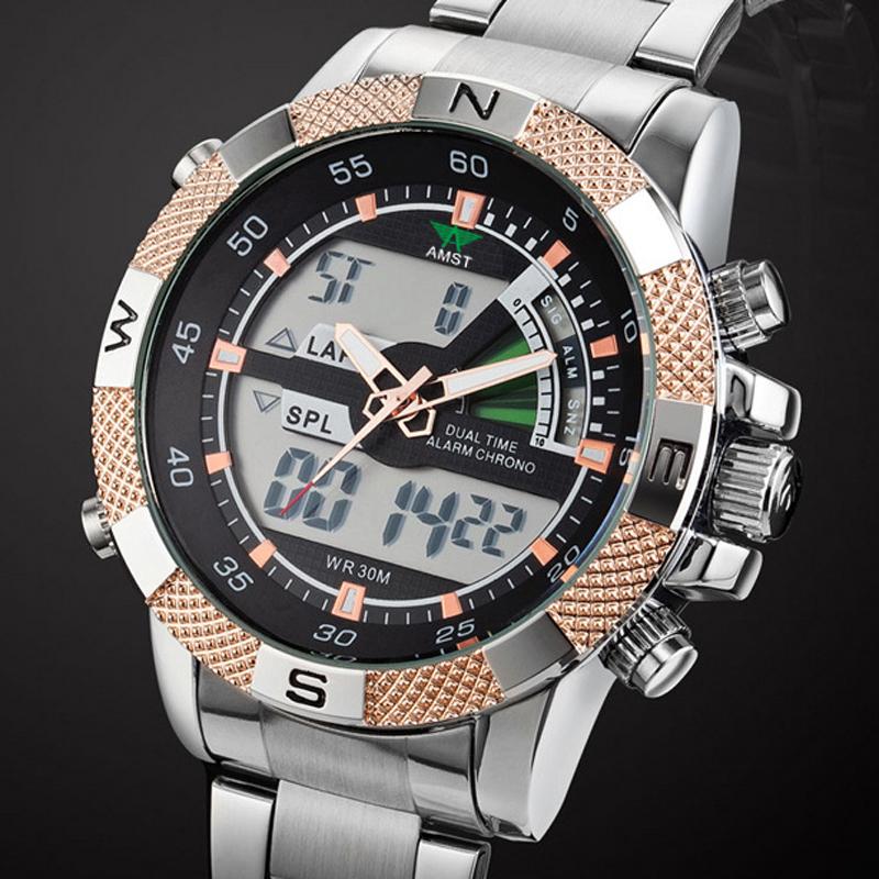 

Wristwatches Mens Watches 2022 AMST Dual Display Stainless Steel Sport Wrist Watch For Men Waterproof Date Clock Relogio MasculinoWristwatch, Am3005bl
