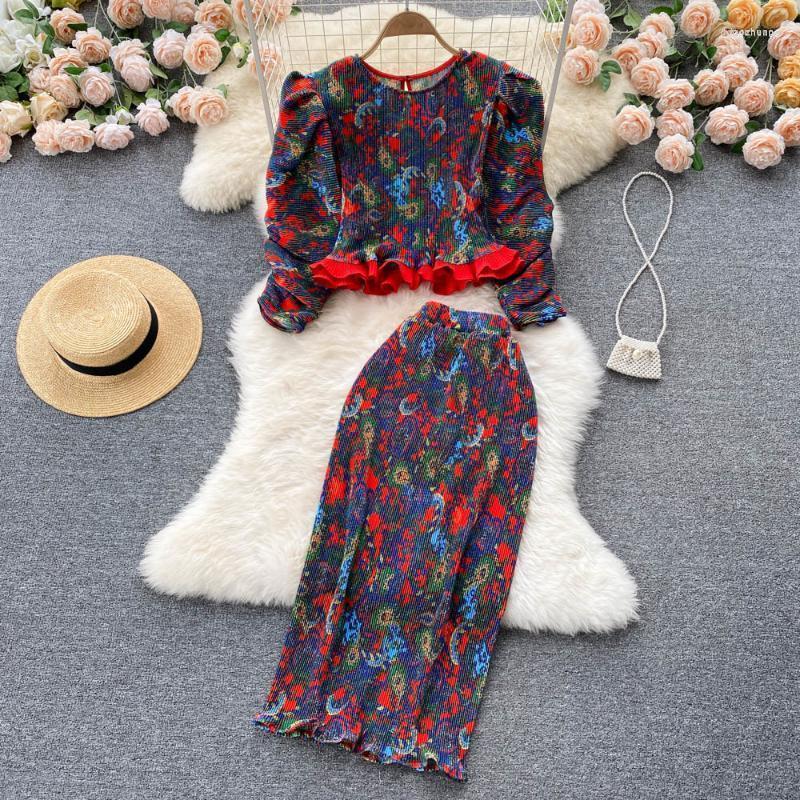 

Work Dresses Women Two Piece Set Vintage Floral Print Puff Sleeve Pullover Tops And Elastic Waist Pleated Skirt Suits Fashion Clothing Sets, Blue
