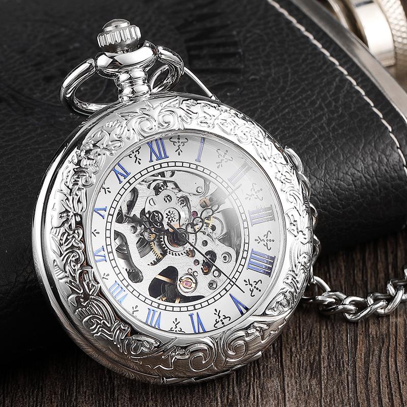 

Pocket Watches Luxury Silver Roman Number Dial Mens Mechanical Watch With Chain Elegant Carving Hollow Skeleton Gifts SetPocketPocket, Silver watch